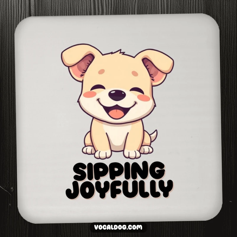 Funny drink coasters depicting a dog with its ears comically flopped back, eyes closed in an expression of pure joy.