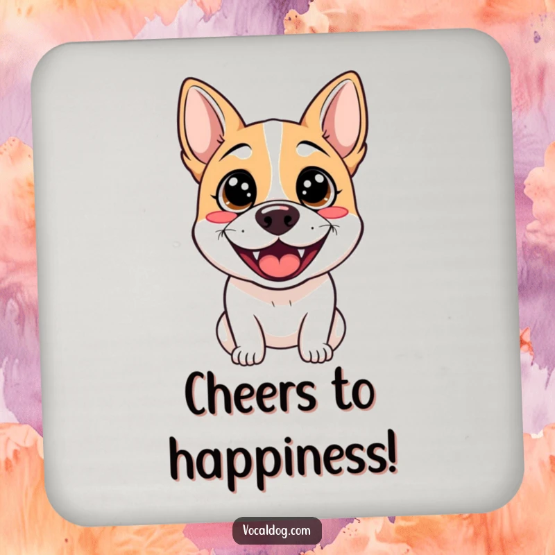 Funny drink coaster illustrating a dog with sparkling eyes and a wide grin, adding a humorous and cheerful touch to any tabletop.