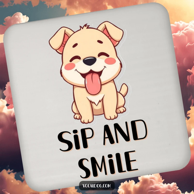 A happy dog character with its tongue lolling out in utter contentment, ideal for a functional and funny drink coaster.