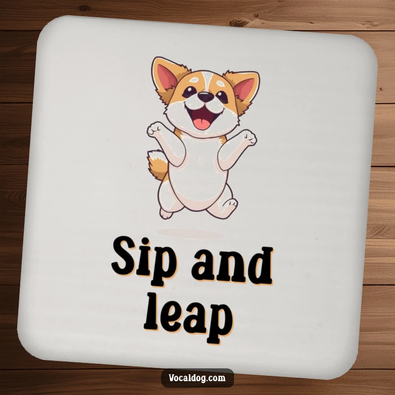 Funny dog coaster, a dog mid-air with a look of pure elation, adding humor and protecting surfaces from drinks with energetic charm.