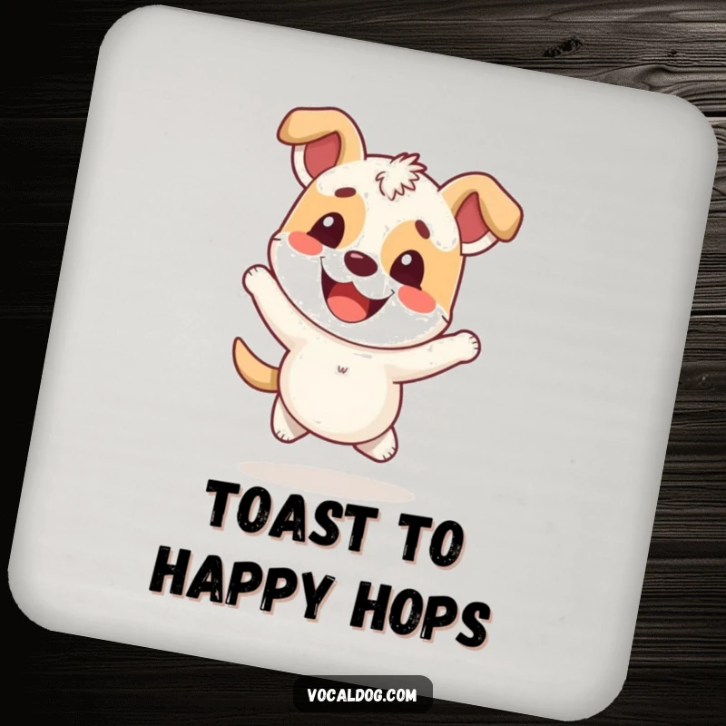 Funny Drink Coasters featuring a happy dog character hopping with an overwhelmingly cheerful expression.