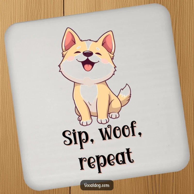 Funny drink coaster with a happy dog woofing head back, a humorous accessory for any table.