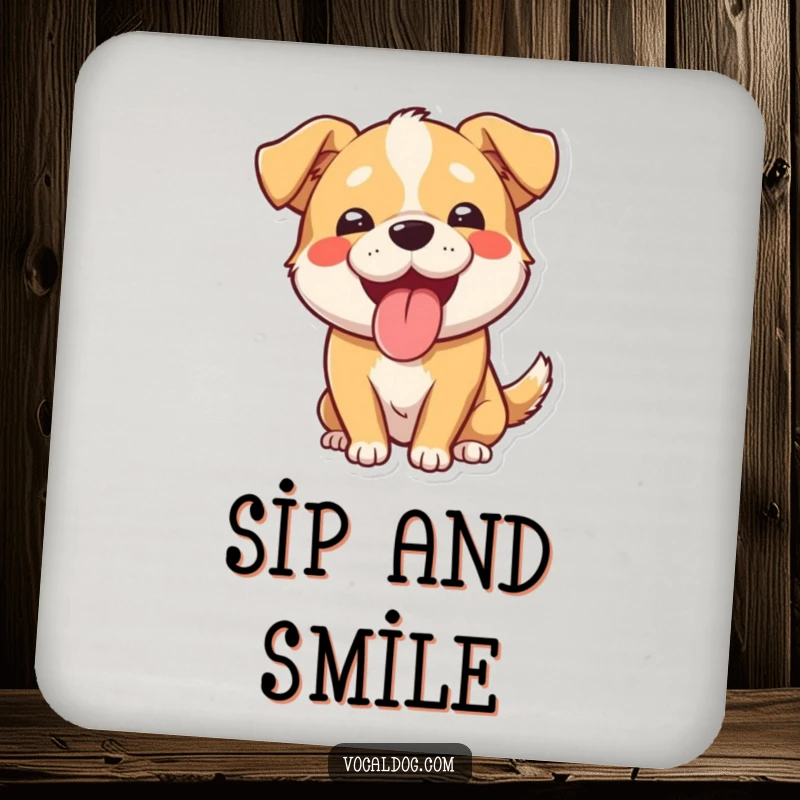 Funny drink coaster with a happy dog panting, tongue out and smiling. Perfect for protecting surfaces with a touch of funny dog charm.