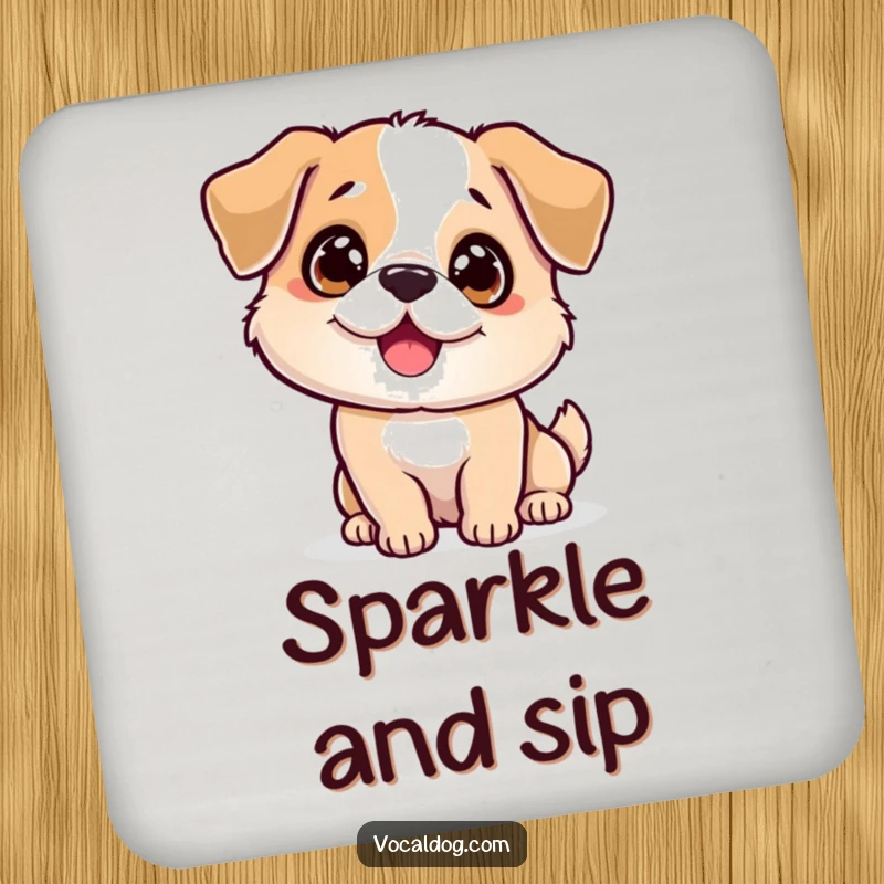 Funny sparkling dog coasters featuring a happy dog with bright eyes and a wagging body, protecting surfaces with humor. Perfect funny gift.