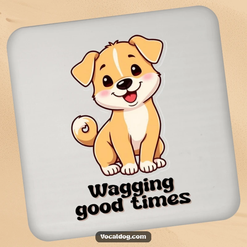 Funny dog coaster with a playful dog whose tail is curled into a happy spiral, adding fun and protection.