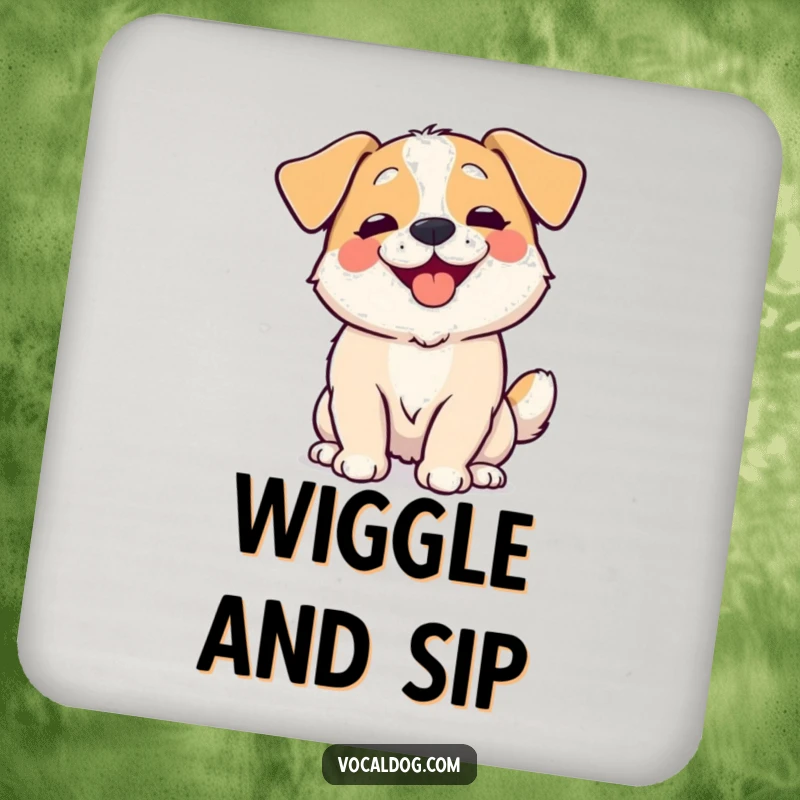 Funny Drink Coasters capturing a dog wiggling its entire body with overwhelming happiness, adding a fun touch to any table.