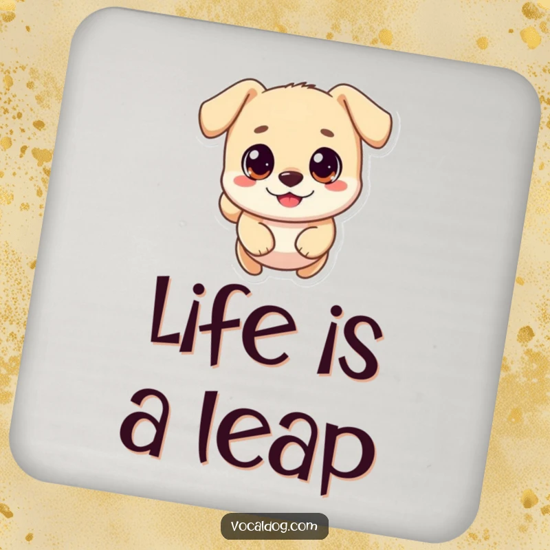 Funny coasters showcasing a small, round dog character in a happy, bounding leap, protecting surfaces with style.