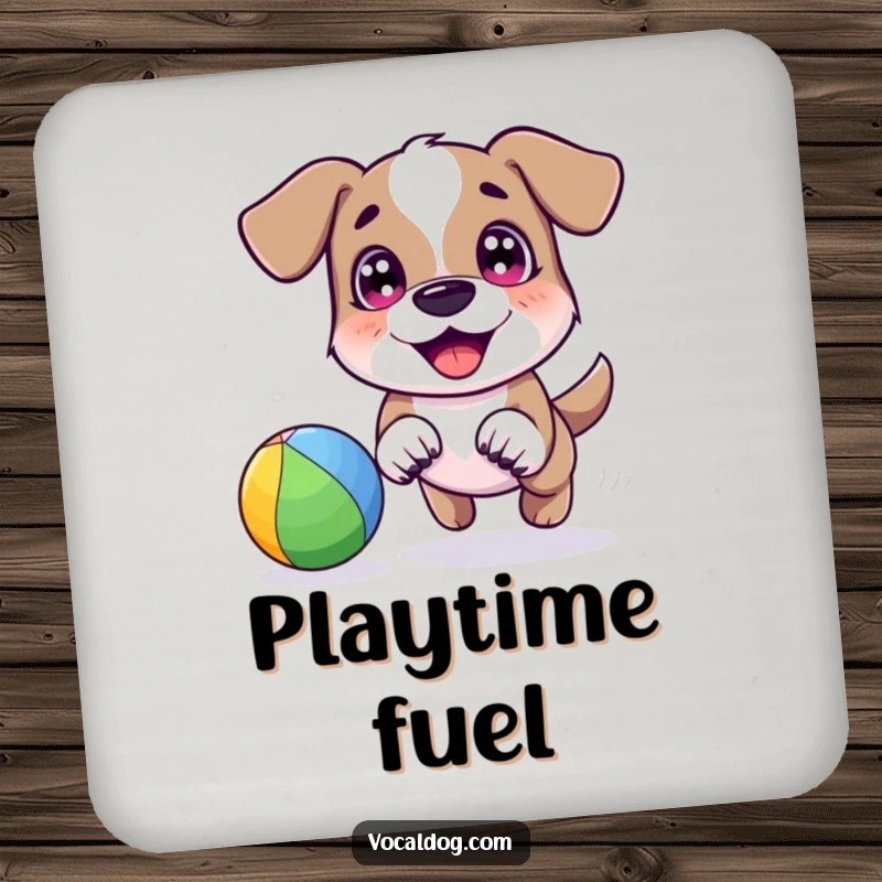 A happy dog character joyfully chasing a bright rainbow-colored ball with excited eyes, ideal for a functional and funny drink coaster.