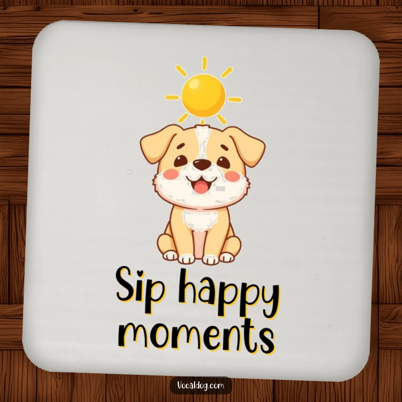 Funny Drink Coaster: A cheerful dog with a bright sunshine halo illustration, guarding your surfaces with divine humor.