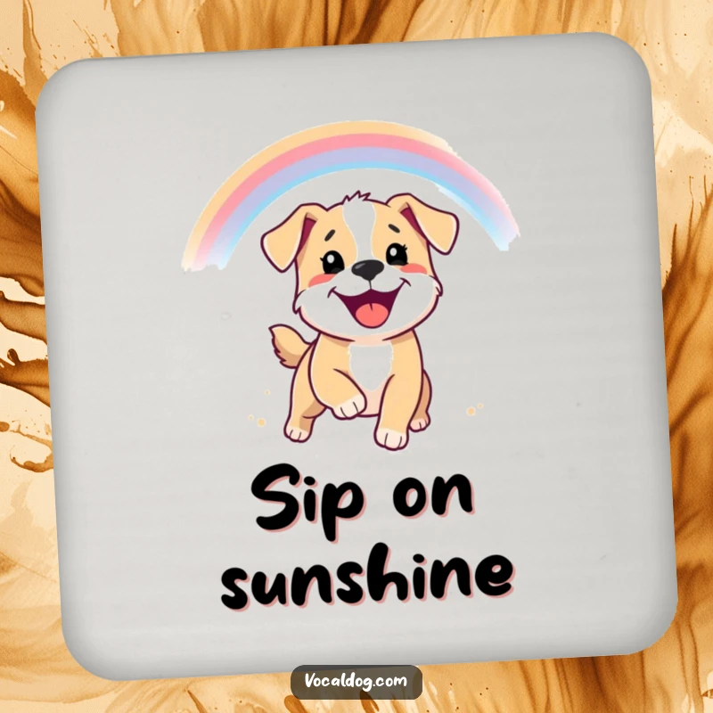 Funny coaster featuring a smiling puppy chasing a rainbow, adding a touch of cheerful art.