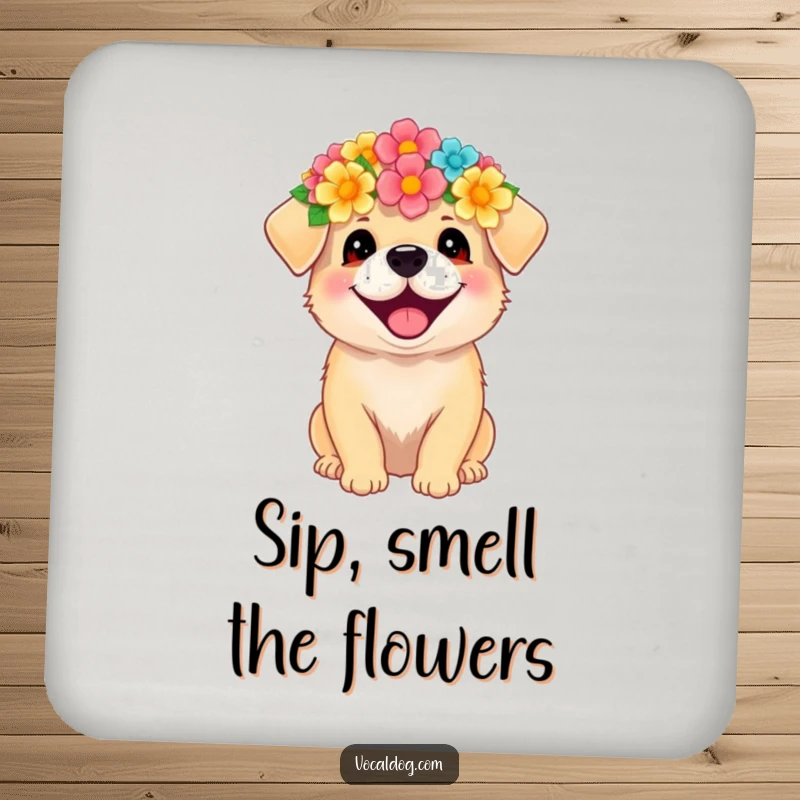 Funny drink coaster with a happy dog wearing a flower crown, radiating joy and adding floral charm.