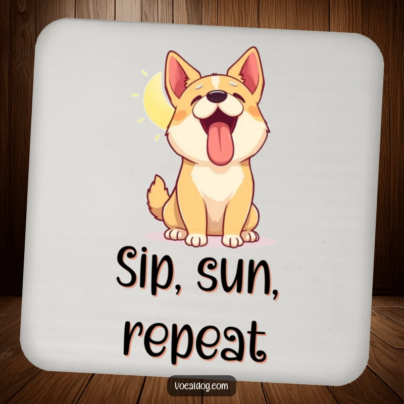 Funny coaster featuring a dog tilting its head up, panting happily in the sun, adding cheerful canine warmth, protective accessory.