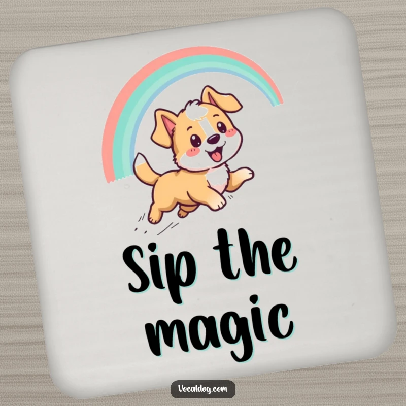 Funny drink coasters adorned with a cheerful dog character chasing a colorful rainbow, adding a humorous touch to any tabletop.