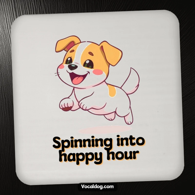 Funny drink coaster showing a dog joyfully chasing its tail, a humorous accessory for any table setting.