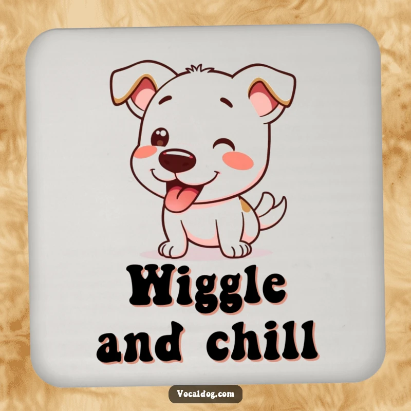 Funny drink coasters featuring a dog character doing a delightful wiggle, protecting surfaces with canine charm.