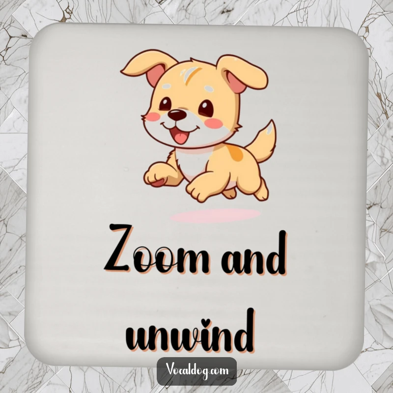 Funny drink coasters featuring a dog character running with ears flapping joyfully in the wind, adding a dynamic touch.