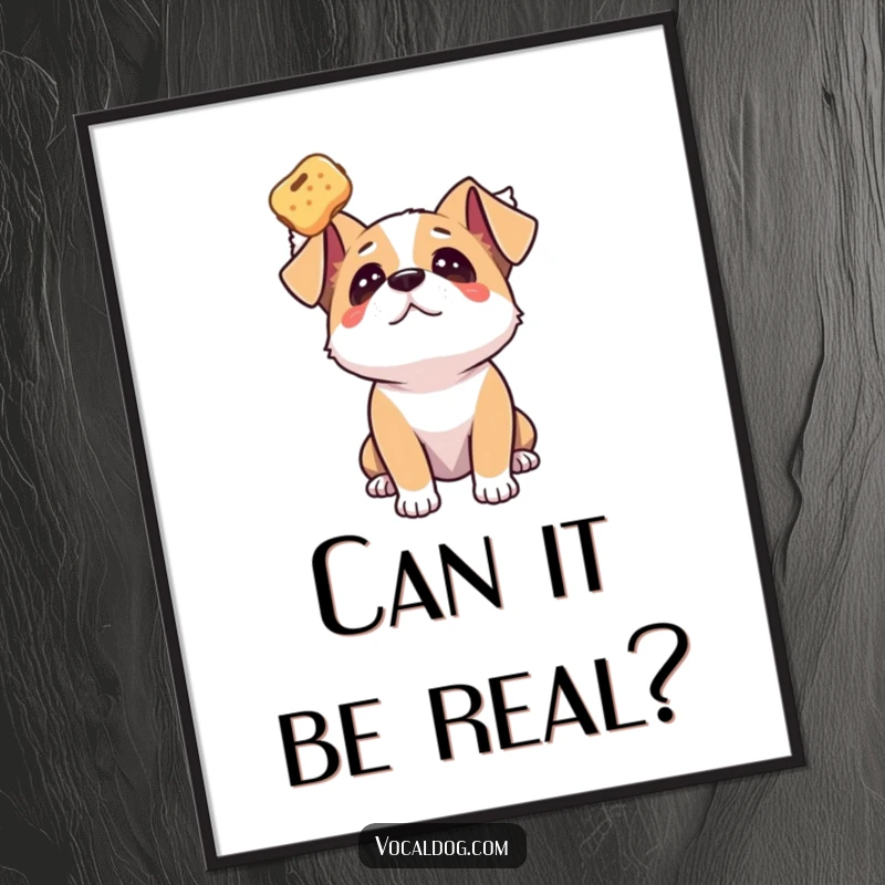 Funny dog poster illustrating a dog gazing upwards with pure adoration at a floating treat, symbolizing desire.