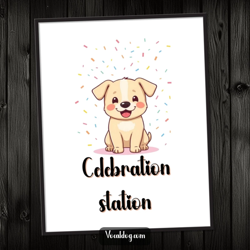 Funny ecstatic dog poster capturing a dog joyfully immersed in a confetti shower, bringing vibrant energy and humor to any room. Excellent funny gift.