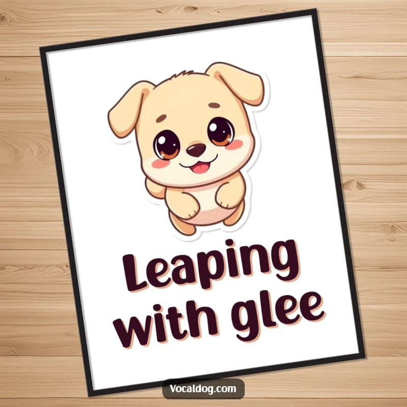 Funny poster showcasing a small, round dog with big happy eyes in a dynamic, joyful bounding leap, full of energy.