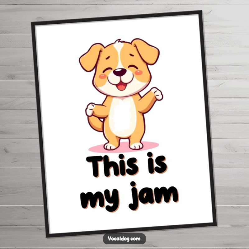 Funny poster featuring a dog character energetically dancing a jig, full of life and happiness. A vibrant funny gift.