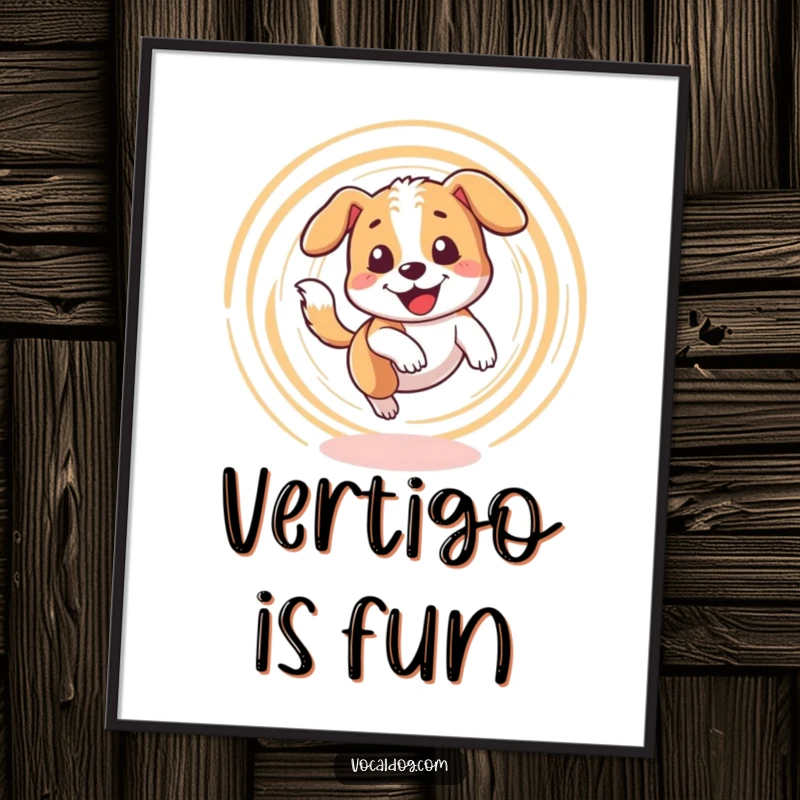 Funny poster of a dog character happily spinning in a dizzy circle while chasing its tail with great amusement.