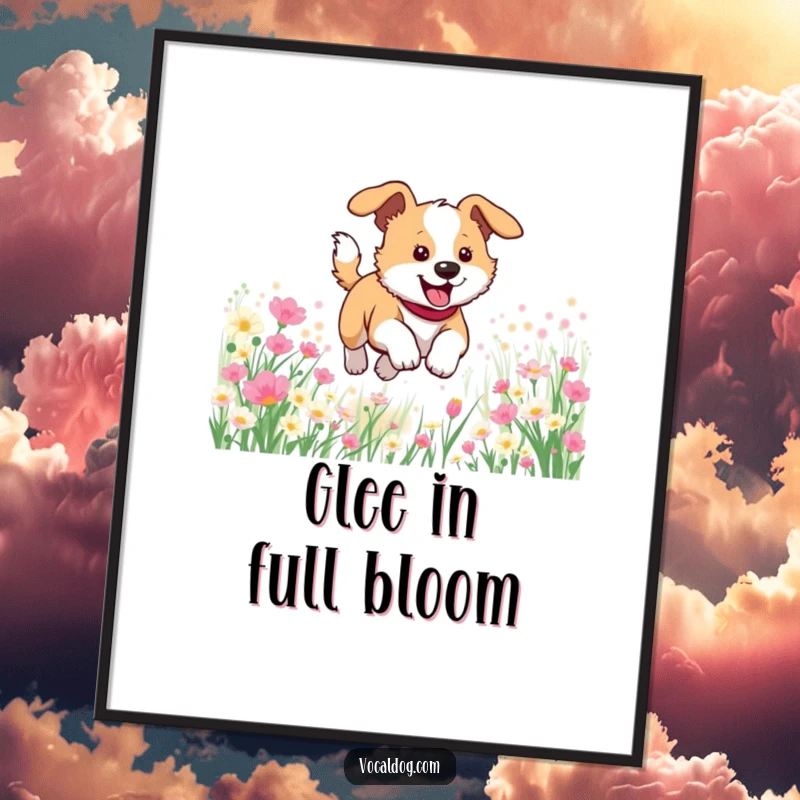 Funny poster artwork of a dog joyfully bounding through a picturesque field brimming with colorful flowers, evoking pure bliss.