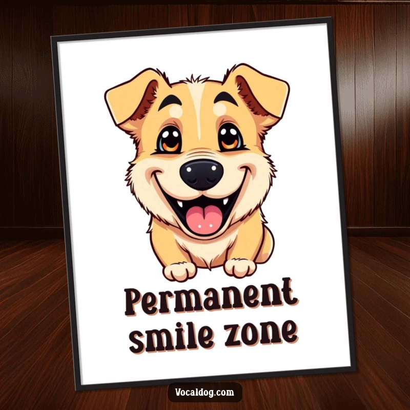 Funny poster of a dog’s happy, goofy grin and bright, shining eyes, radiating pure joy and canine enthusiasm.