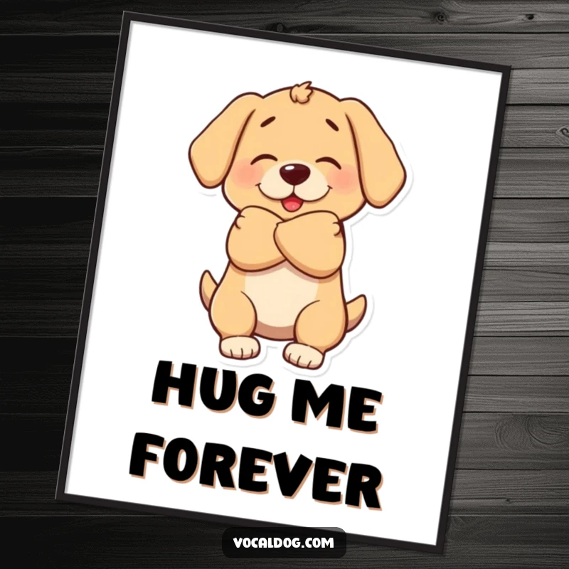 Funny poster art of a dog character giving a big, warm hug, symbolizing love, comfort, and canine affection.