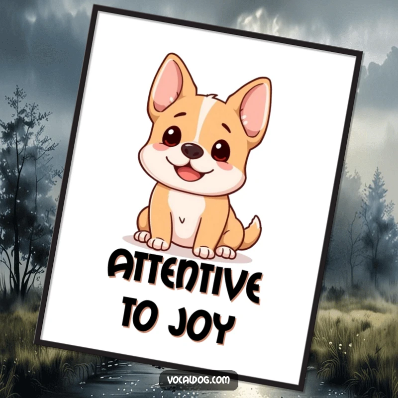 Funny dog poster showing a dog with its ears perked up, listening intently and happily, radiating warmth.