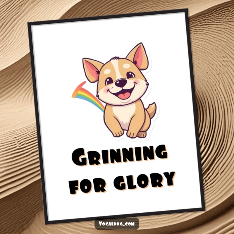 Funny Poster showing a dog with a massive goofy grin, joyfully pursuing a colorful rainbow, embodying pure optimism.