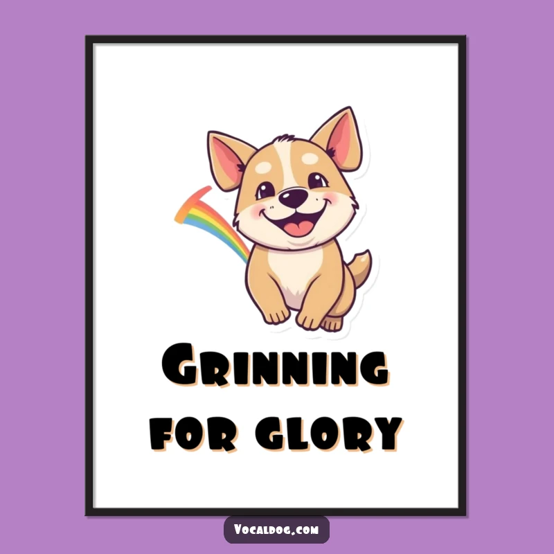 Funny Dog Poster: Goofy Grin Rainbow Chase, Whimsical Wall Art Gift