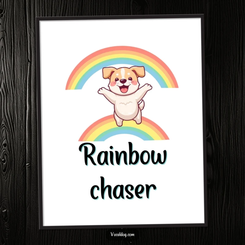 Funny poster art showing a jubilant dog soaring over a vivid rainbow, embodying pure, ecstatic joy and freedom.
