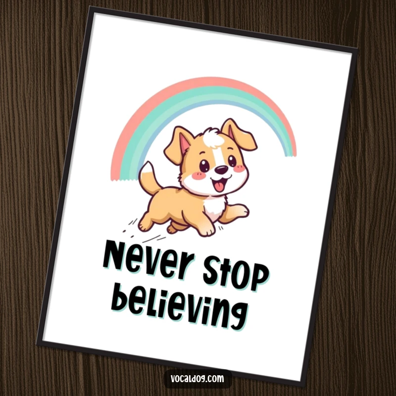 Funny poster of an energetic dog character joyfully chasing a brilliant rainbow arc, embodying optimism and playful spirit for wall art.