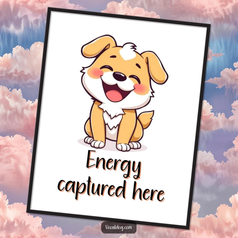 Funny poster depicting a dog character in a full-body ecstatic wiggle, radiating pure joy and vibrant energy.