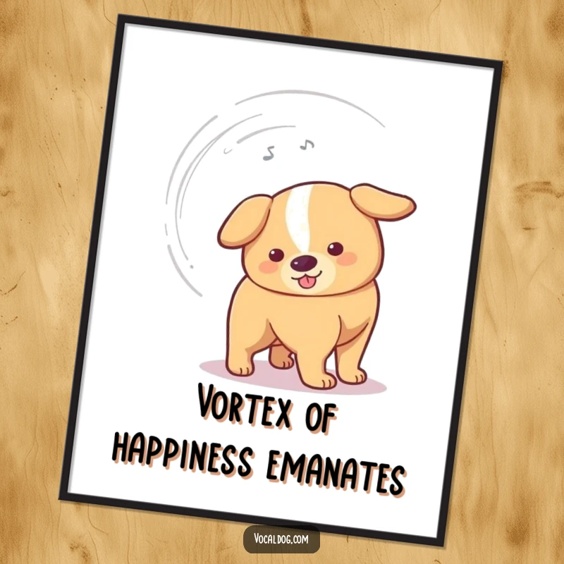 Funny Poster featuring a dog's tail wagging so fast it creates a comical vortex, symbolizing extreme happiness and energetic motion.