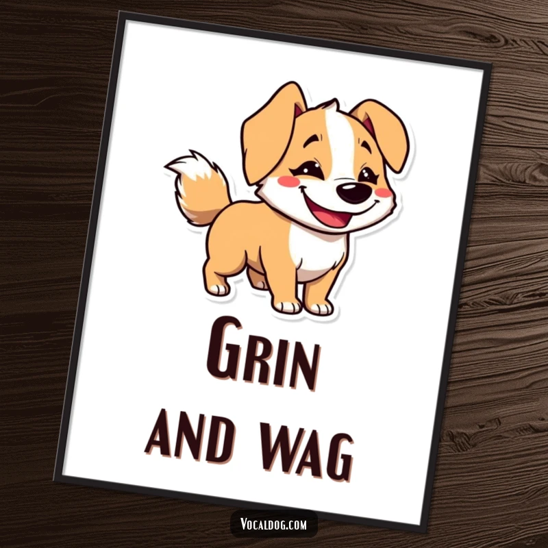 Funny poster featuring a dog character radiating happiness with a huge goofy grin and a tail blurred from rapid wagging.
