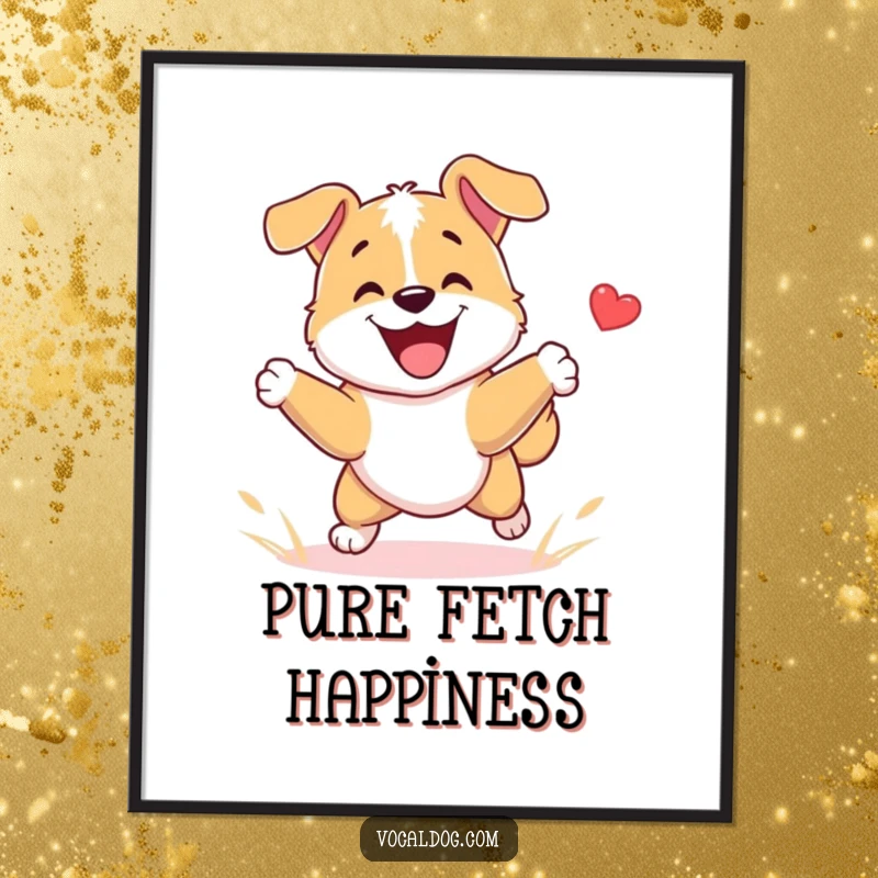 Funny Dog Poster depicting a dog character playing fetch with immense happiness, symbolizing pure joy and playful energy in a humorous and vibrant artwork.