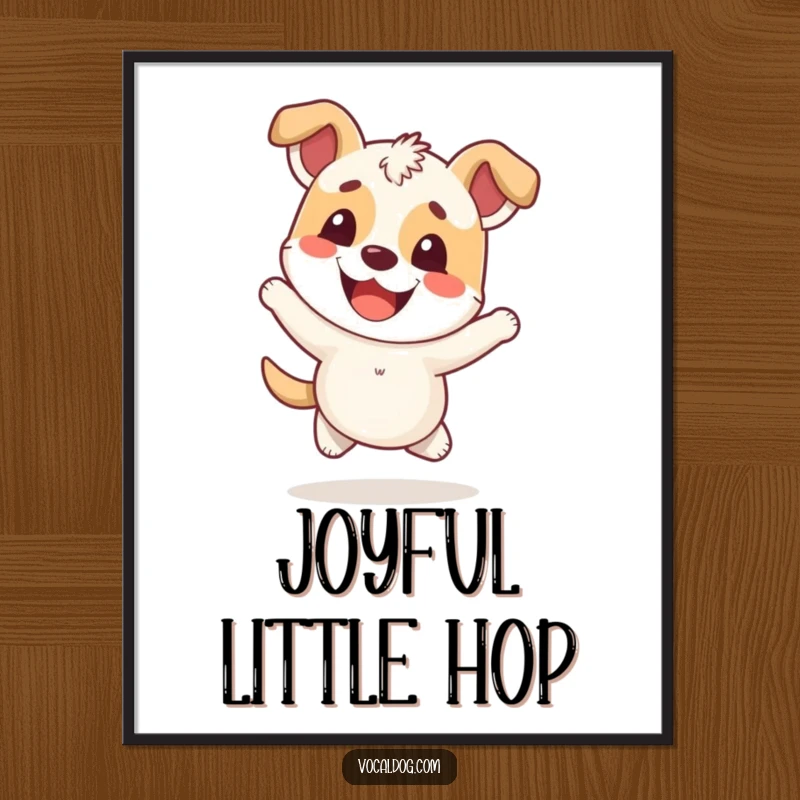 Funny Poster art of a happy dog character hopping energetically with an overwhelmingly cheerful and joyful expression.