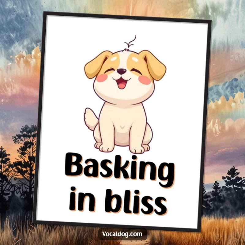 Funny Poster art of a happy dog with head tilted up, peacefully enjoying a gentle, refreshing breeze.