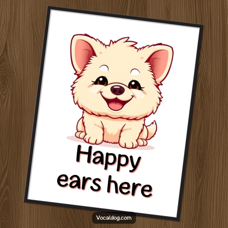 Funny fluffy dog poster, a lovable canine with exceptionally large ears and a broad, happy grin, radiating pure joy and adorable charm.
