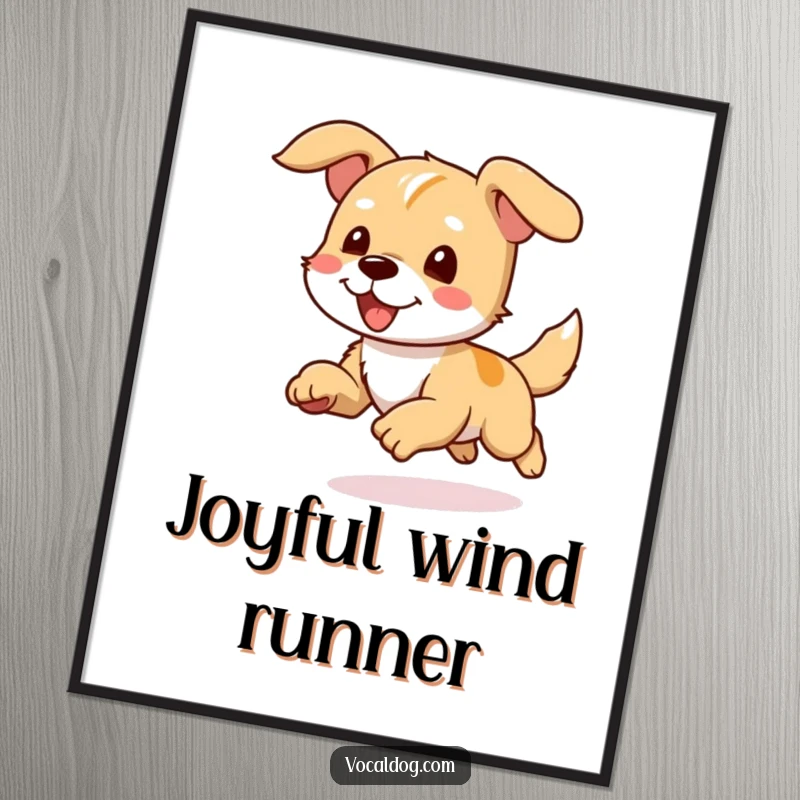 Funny poster showcasing a dog character joyfully running with its ears flapping in the wind, conveying freedom.