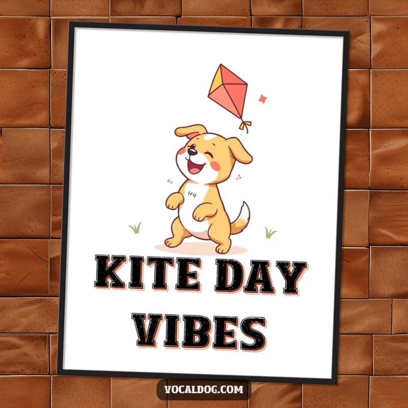 Funny poster showcasing a dog character ecstatically playing with a colorful kite, embodying outdoor bliss.