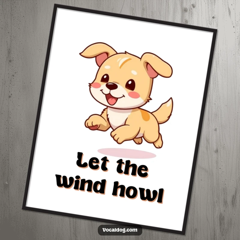 Funny Poster depicting a dog character running with ears dramatically flapping in the wind, exuding speed and happiness.