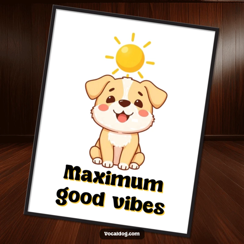 Funny Poster: An illustration of a blissful dog with a glowing halo of sunshine radiating divine happiness.