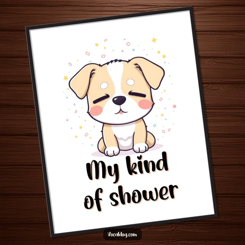 Funny poster art of a dog with closed eyes, happily basking in a shower of sparkling confetti, symbolizing pure bliss.