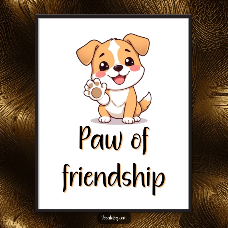 Funny poster showcasing a dog character with a wide, beaming smile, offering its paw in a friendly gesture.