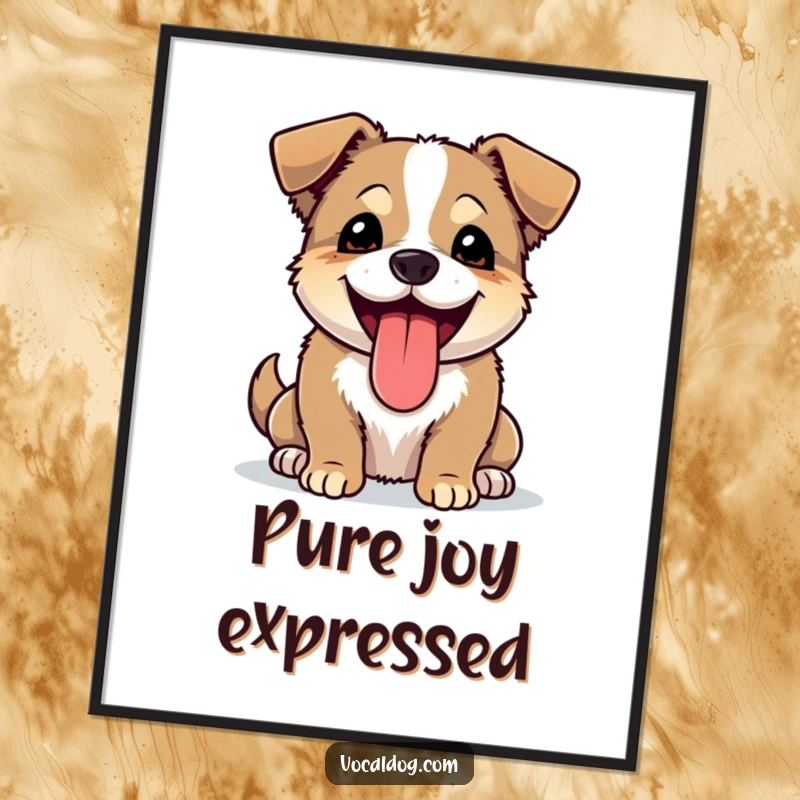 Funny poster showcasing a happy dog panting with its tongue lolling out, radiating pure joy and happiness.