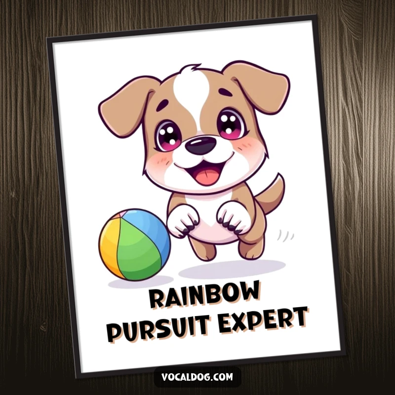 A happy dog character joyfully chasing a vibrant rainbow-colored ball with bright eyes, creating a dynamic scene on this wall art poster.