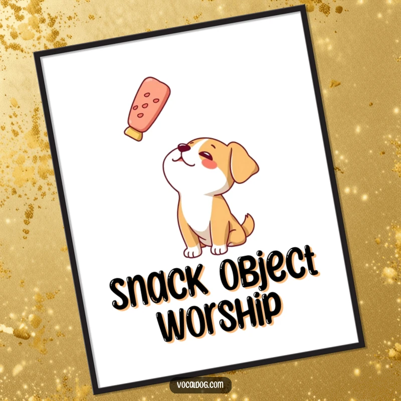 Funny poster capturing a dog character’s intense, adoring gaze directed upwards at a tempting floating treat.