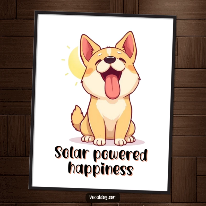 Funny poster art of a dog with head tilted up, panting happily in the sun, conveying pure warmth and canine joy, wall decor.